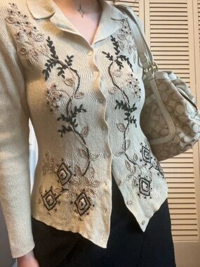Cream Embroidered Button-Up Women's Sweater